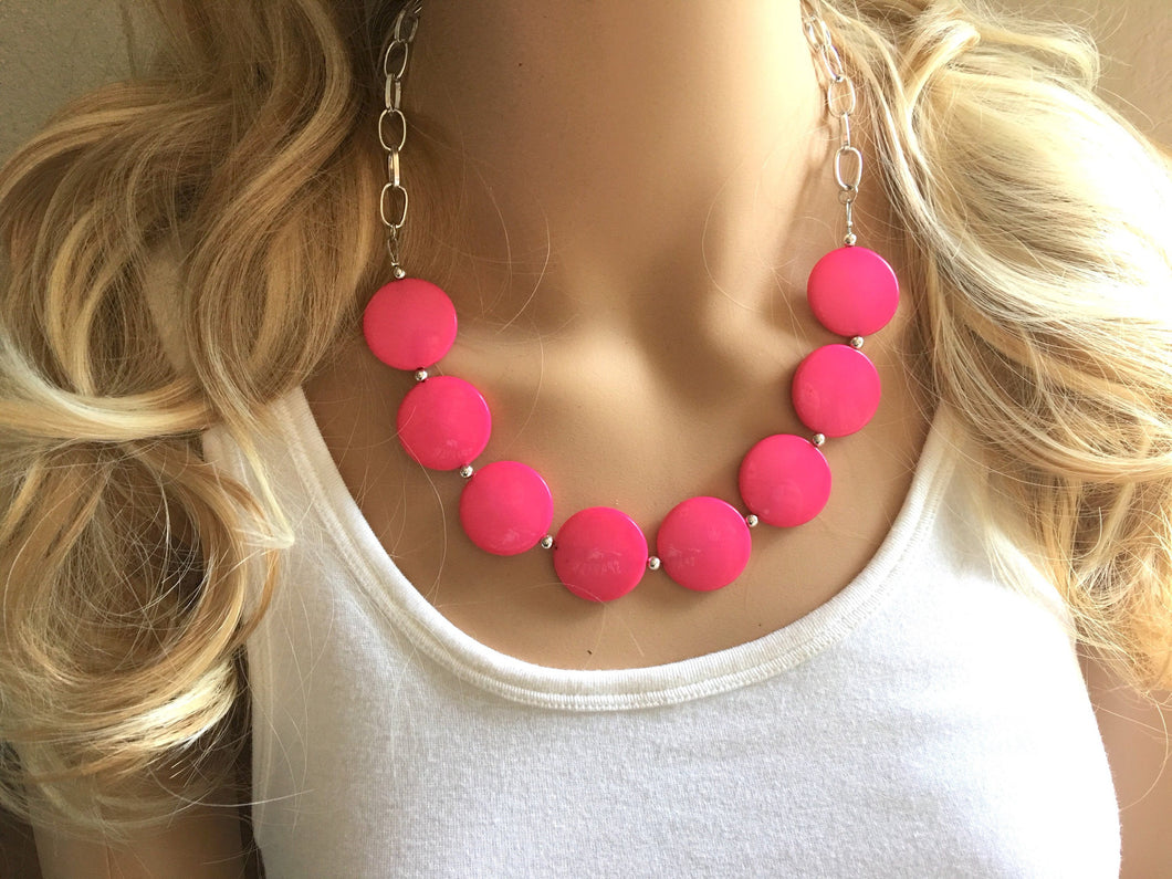 Hot pink Statement Necklace & Earrings, hot pink jewelry, Your Choice GOLD or SILVER, pink bib chunky necklace, pink necklace