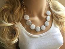 Load image into Gallery viewer, White &amp; Silver Statement Necklace Earring set, white jewelry, Your Choice of GOLD or SILVER, white bib chunky necklace, white circle