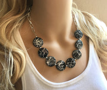 Load image into Gallery viewer, Black &amp; Silver Painted Statement Necklace Earrings, black jewelry, Your Choice GOLD or SILVER, black bib chunky necklace, black geometric