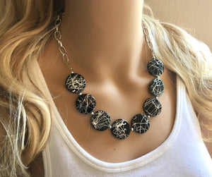 Black & Silver Painted Statement Necklace Earrings, black jewelry, Your Choice GOLD or SILVER, black bib chunky necklace, black geometric