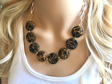 Load image into Gallery viewer, Black &amp; Gold Painted Statement Necklace Earrings, black jewelry, Your Choice GOLD or SILVER, black bib chunky necklace, black geometric