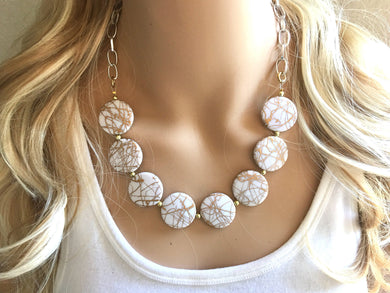 White & Gold Statement Necklace Earring set, white jewelry, Your Choice GOLD or SILVER, white bib chunky necklace, white circle gold jewelry