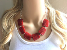 Load image into Gallery viewer, Creamy Red Statement Necklace &amp; Earrings, red jewelry, Your Choice GOLD or SILVER, red bib chunky necklace, deep scarlett red necklace