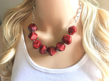 Load image into Gallery viewer, Creamy Red Statement Necklace &amp; Earrings, red jewelry, Your Choice GOLD or SILVER, red bib chunky necklace, deep scarlett red necklace