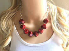 Load image into Gallery viewer, Creamy Red Statement Necklace &amp; Earrings, red jewelry, Your Choice GOLD or SILVER, red bib chunky necklace, deep scarlett red necklace