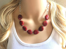 Load image into Gallery viewer, Creamy Red Statement Necklace &amp; Earrings, red jewelry, Your Choice GOLD or SILVER, red bib chunky necklace, deep scarlett red necklace