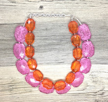 Load image into Gallery viewer, Pink &amp; Orange Necklace, multi strand jewelry, big beaded chunky statement necklace, pink necklace, bridesmaid necklace, orange necklace