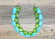 Load image into Gallery viewer, Lime &amp; Turquoise Necklace, double strand jewelry, big beaded chunky statement necklace, blue necklace, turquoise jewelry, green jewelry