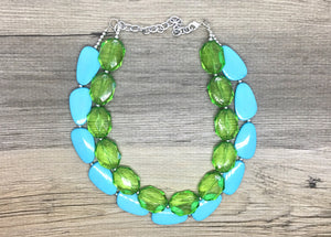 Lime & Turquoise Necklace, double strand jewelry, big beaded chunky statement necklace, blue necklace, turquoise jewelry, green jewelry