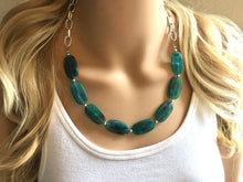 Load image into Gallery viewer, Emerald green Statement Necklace &amp; Earrings, emerald green jewelry, Your Choice GOLD or SILVER, dark deep green bib chunky necklace forest