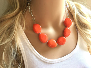 Orange Statement Necklace & earring set, orange jewelry, Your Choice GOLD or SILVER, orange bib chunky necklace, bright orange round necklac