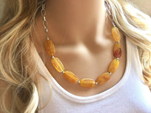 Load image into Gallery viewer, Yellow Statement Necklace &amp; Earrings, yellow jewelry, Your Choice GOLD or SILVER, yellow bib chunky necklace, yellow oval necklace