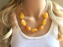 Load image into Gallery viewer, Yellow Statement Necklace &amp; Earrings, yellow jewelry, Your Choice GOLD or SILVER, yellow bib chunky necklace, yellow oval necklace