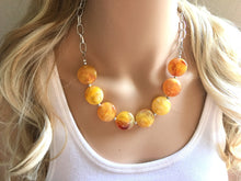 Load image into Gallery viewer, Yellow Statement Necklace &amp; Earrings, yellow jewelry, Your Choice GOLD or SILVER, yellow bib chunky necklace, yellow oval necklace