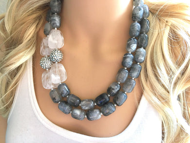 Sparkle Gray Chunky Statement Necklace, Big beaded jewelry, Multi strand Smoke Necklace, gray jewelry, slate gray necklace, resin wedding