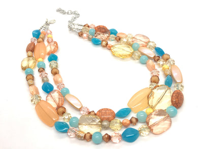 Peach Teal Coral Chunky Statement Necklace, Triple Strand Beaded Jewelry, blue peach coral jewelry, bridsmaid wedding, bib beaded jewelry