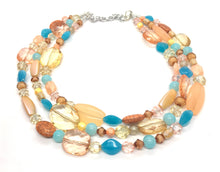 Load image into Gallery viewer, Peach Teal Coral Chunky Statement Necklace, Triple Strand Beaded Jewelry, blue peach coral jewelry, bridsmaid wedding, bib beaded jewelry