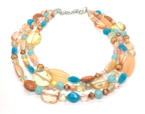 Peach Teal Coral Chunky Statement Necklace, Triple Strand Beaded Jewelry, blue peach coral jewelry, bridsmaid wedding, bib beaded jewelry