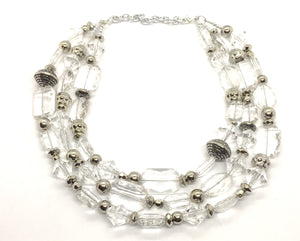 Silver and Clear statement necklace, lucite necklace, resin necklace, clear three strand chunky jewelry, silver Beaded Holiday Necklace