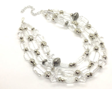 Silver and Clear statement necklace, lucite necklace, resin necklace, clear three strand chunky jewelry, silver Beaded Holiday Necklace