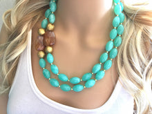 Load image into Gallery viewer, Mint Green &amp; Gold Statement Necklace, Chunky Jewelry Big Beaded Triple Strand Necklace, light green Necklace, mint Jewelry Set, mint Beaded