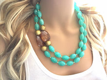 Load image into Gallery viewer, Mint Green &amp; Gold Statement Necklace, Chunky Jewelry Big Beaded Triple Strand Necklace, light green Necklace, mint Jewelry Set, mint Beaded