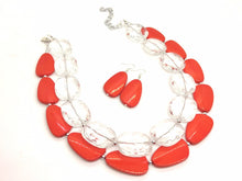 Load image into Gallery viewer, Clear &amp; Red Necklace, multi strand jewelry, big beaded chunky statement necklace, red jewelry, bridesmaid necklace, bib necklace, resin bead