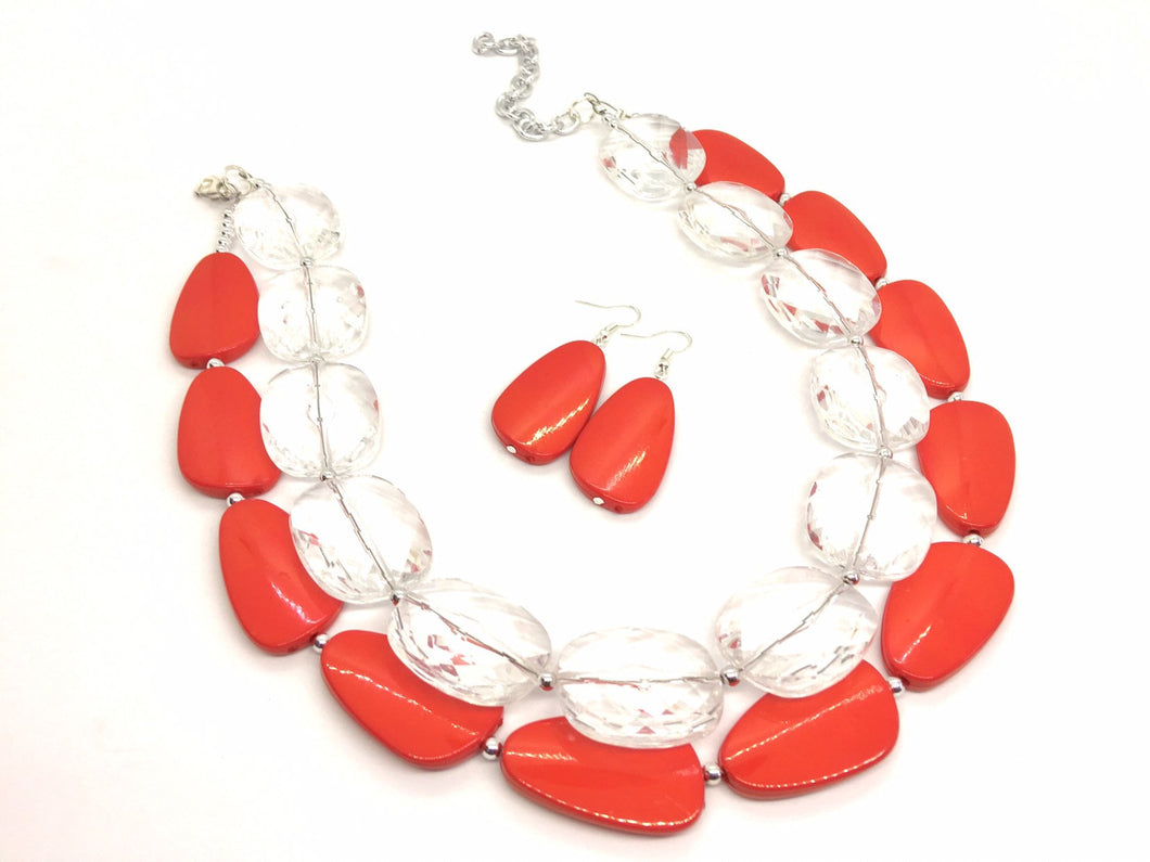 Clear & Red Necklace, multi strand jewelry, big beaded chunky statement necklace, red jewelry, bridesmaid necklace, bib necklace, resin bead