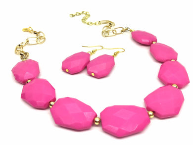 Hot pink Statement Necklace & Earrings, hot pink jewelry, Your Choice GOLD or SILVER, pink bib chunky necklace, pink necklace