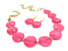 Load image into Gallery viewer, Hot pink Statement Necklace &amp; Earrings, hot pink jewelry, Your Choice GOLD or SILVER, pink bib chunky necklace, pink necklace