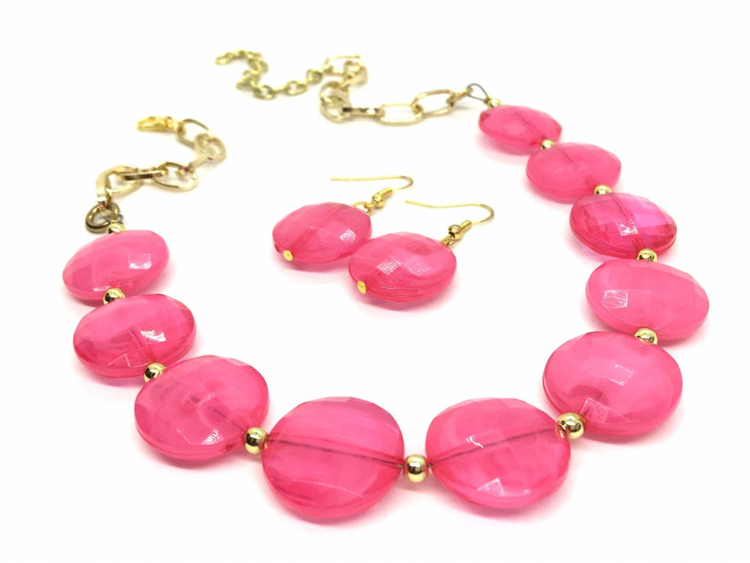 Hot pink Statement Necklace & Earrings, hot pink jewelry, Your Choice GOLD or SILVER, pink bib chunky necklace, pink necklace