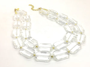 Selling Sunset Mary Fitzgerald Acrylic Chunky Clear Crystal Statement Necklace, Everyday neutral jewelry, silver or gold accents chunky bib