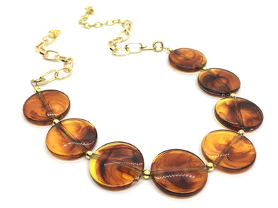 Tortoise shell Statement Necklace & Earring set, tortoise jewelry, Your Choice of GOLD or SILVER, tortoise bib chunky necklace, brown circle