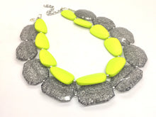 Load image into Gallery viewer, Chunky Statement Apple Green Necklace, multi strand colorful jewelry, big beaded chunky statement necklace, gray necklace, gray and green