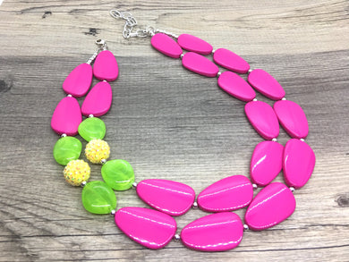 Pink Yellow & Green Chunky Statement Necklace, Big beaded jewelry, multi strand Statement Necklace, chunky green and pink bib jewelry