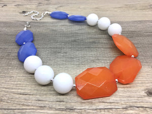 Royal Blue, White & Orange Big Bead Necklace, single Strand Statement Jewelry, white blue orange Chunky bib, bridesmaid, Virginia Detroit