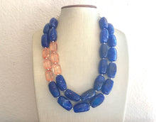 Load image into Gallery viewer, Peach &amp; Royal Blue Necklace, Double strand bright blue jewelry, big beaded chunky necklace, dark blue statement necklace, beaded navy blue