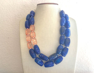 Peach & Royal Blue Necklace, Double strand bright blue jewelry, big beaded chunky necklace, dark blue statement necklace, beaded navy blue