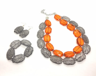 Orange & Gray Necklace, multi strand jewelry, big beaded chunky statement necklace, orange necklace, bridesmaid necklace, gray necklace