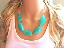 Load image into Gallery viewer, Creamy mint green Statement Necklace &amp; Earrings, mint green jewelry, Your Choice GOLD or SILVER, green bib chunky necklace, green necklace