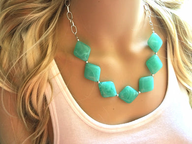 Geometric mint green Statement Necklace & Earrings, mint green jewelry, Your Choice GOLD or SILVER, green bib chunky necklace, green necklac