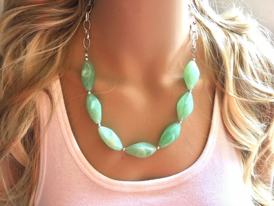 Creamy mint green Statement Necklace & Earrings, mint green jewelry, Your Choice GOLD or SILVER, green bib chunky necklace, green necklace