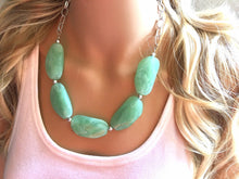 Load image into Gallery viewer, Creamy mint green Statement Necklace &amp; Earrings, mint green jewelry, Your Choice GOLD or SILVER, green bib chunky necklace, green necklace