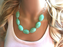 Load image into Gallery viewer, Creamy mint green Statement Necklace &amp; Earrings, mint green jewelry, Your Choice GOLD or SILVER, green bib chunky necklace, green necklace