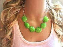 Load image into Gallery viewer, Lime Green Statement Necklace &amp; Earring set, lime jewelry, Your Choice of GOLD or SILVER, lime bib chunky necklace, lime green jewelry