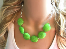 Load image into Gallery viewer, Lime Green Statement Necklace &amp; Earring set, lime jewelry, Your Choice of GOLD or SILVER, lime bib chunky necklace, lime green jewelry