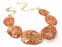 Load image into Gallery viewer, Orange Crackle Statement Necklace &amp; earring set, orange jewelry, Your Choice GOLD or SILVER, orange bib chunky necklace, orange