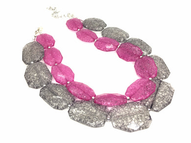 Pink & Gray Necklace, multi strand jewelry, big beaded chunky statement necklace, pink necklace, bridesmaid necklace, gray necklace