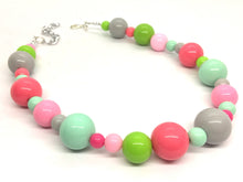 Load image into Gallery viewer, Pink &amp; Green Chunky Statement Necklace, Big beaded jewelry, bib bubble Necklace, pink gray mint green jewelry, beaded pink green jewelry