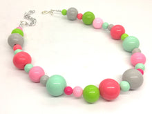 Load image into Gallery viewer, Pink &amp; Green Chunky Statement Necklace, Big beaded jewelry, bib bubble Necklace, pink gray mint green jewelry, beaded pink green jewelry